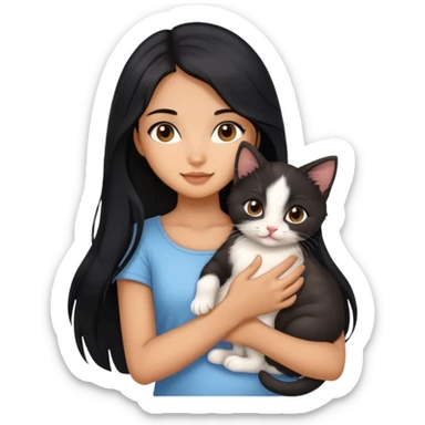 Beautiful girl with long black hair holding a cute kitten in her arms sticker