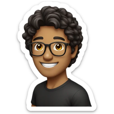 Caramel smiling guy, dark brown eyes, black long wavy hair, no facial hair, thin and long nose, round glasses, black t shirt sticker