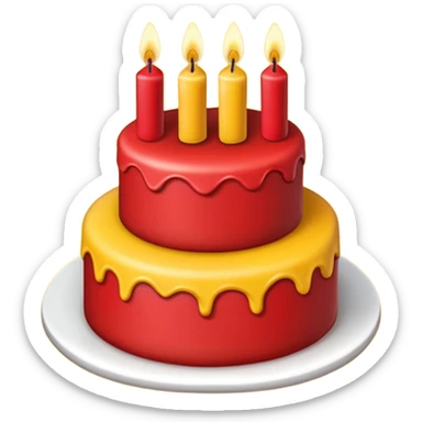 large red and yellow birthday cake with three candles, iOS emoji style, no background sticker