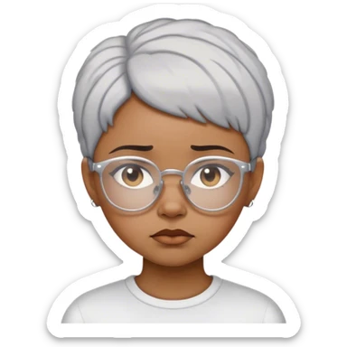 Light skinned Black girl with white glasses short natural gray haircut sad sticker