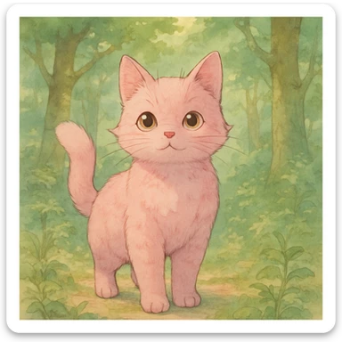 a pink cat in Ghibli style sticker