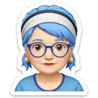 fat old woman with blue hair and glassess and headband sticker
