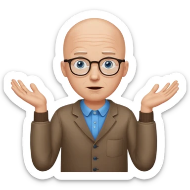 bald man with blue eyes and eye glasses shurgging with hands sticker