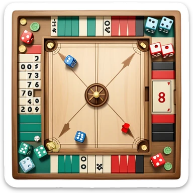 A photorealistic icon featuring a backgammon board with dice, a Monopoly board with money and property cards and a Game of Life spinner. The design captures the detailed textures of the boards, pieces, and accessories. Transparent background. sticker