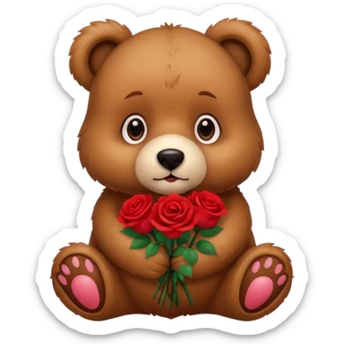 Cute bear with puppy dog eyes holding roses  sticker