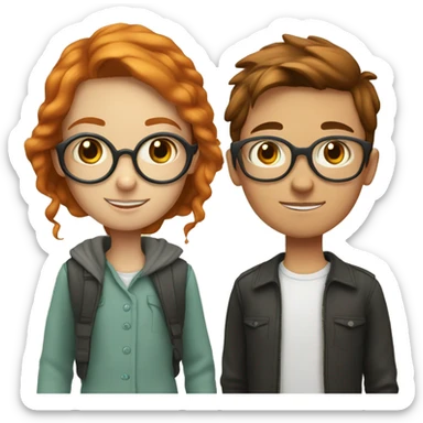 a girl and a boy, next to each other, learning. the girl is ginger and has round glasses and the boy is brunette and has round glasses. they are both white in complexion sticker