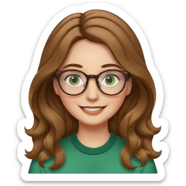 long wavy light brown hair woman with green eyes and glasses smiling closed mouth. middle part hair. medium thick eye brows sticker