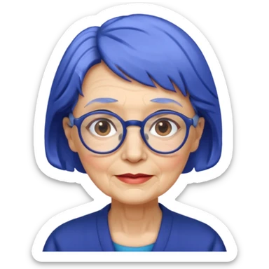 old lady with cobalt hair, wearing glasses, slight curl short hair, long face sticker