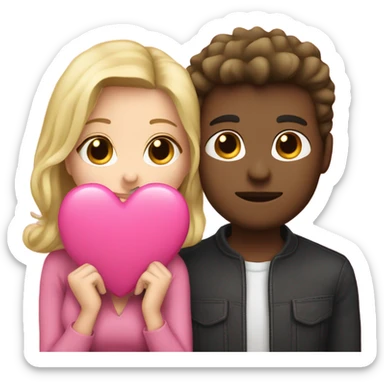 Cute couple, blonde hair woman and man  dark haired kissing holding a pink heart sticker