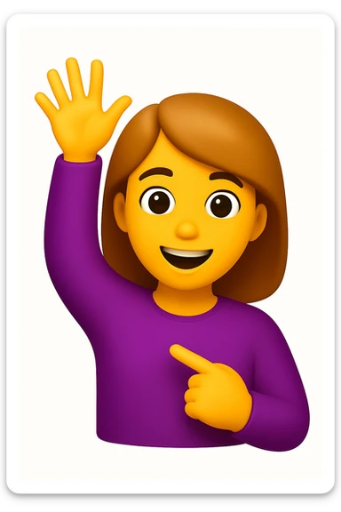 A 3D emoji in iOS emoji aesthetic style of a cheerful cartoon person raising one hand in the air while pointing to themselves with the other hand, smiling proudly, expressive and confident pose, glossy Apple-style design, clean white background
 sticker