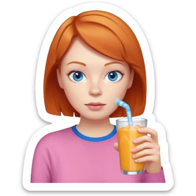 ginger woman short hair, pink shirt, sipping energy drink blue eyes cosy  sticker