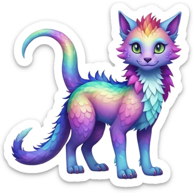 Kawaii dark rainbow iridescent fantasy ethereal feline-vernid-sergal-fursona animal creature with a tufted tail full body with intricate markings sticker