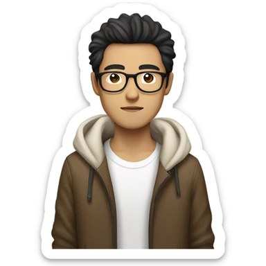 Skinny Asian man, Dark fluffy hair with middle part , round glasses , white tshirt with brown jacket sticker