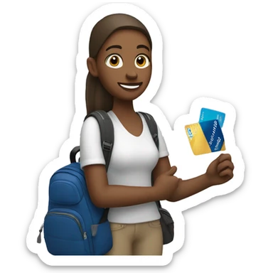 White skin tone student holding visa bank card, other hand holding backpack sticker