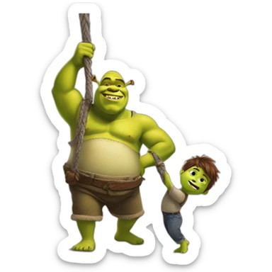 Shrek with a kid who try to climb his body sticker