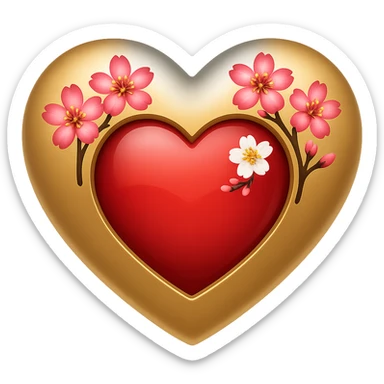 Add a shimmer effect to the gold and silver highlights on the heart with a sakura blossom overlay in the style of apple emojis, no background. sticker