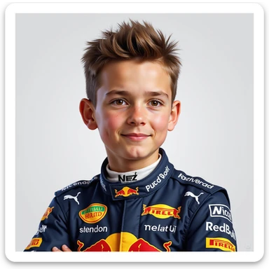 portrait of Max Verstappen, Formula 1 driver, realistic style, wearing racing suit in Red Bull Racing colors, confident expression, short brown hair, detailed and lifelike sticker