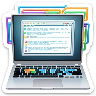 An icon featuring a laptop screen with colorful lines of code, brackets, and a blinking cursor, symbolizing programming. The design includes flowcharts, gear icons, and binary code, representing software development and logical problem-solving. Transparent background highlights the world of coding. sticker