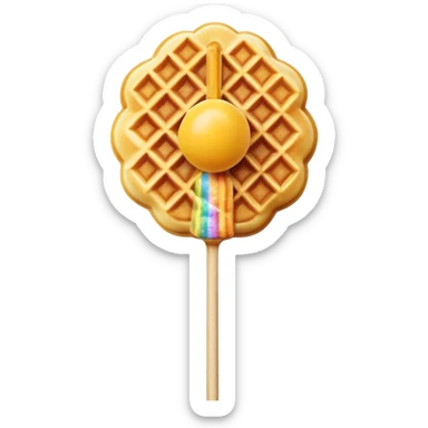 3D rendered Hong Kong egg waffle on stick like lollipop, vibrant golden color with rainbow sprinkles, hyper-realistic bubbled texture, glossy candy finish, fun playful design, detailed textures sticker