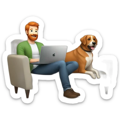 a man with a red beard sits working on a laptop on the sofa with a black Labrador sticker