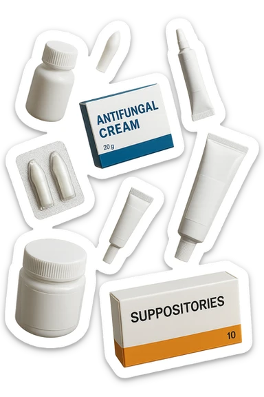 boccette di farmaci fluttuano in aria: creme, ovuli o antimicotici, IPERREALISTICO 4K sticker