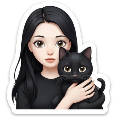 beautiful girl with long black hair wearing a black shirt holding a silver-colored cat sticker