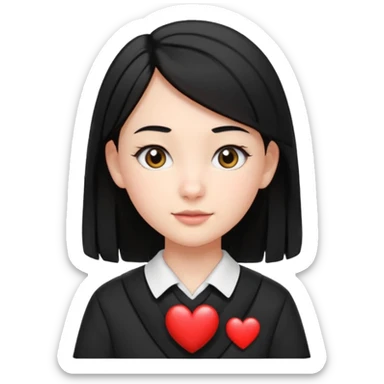 create an i phone emoji of a young 8th grade school girl, with fair skin, heart shape face, has medium length straight black hair and with hoops earrings. sticker