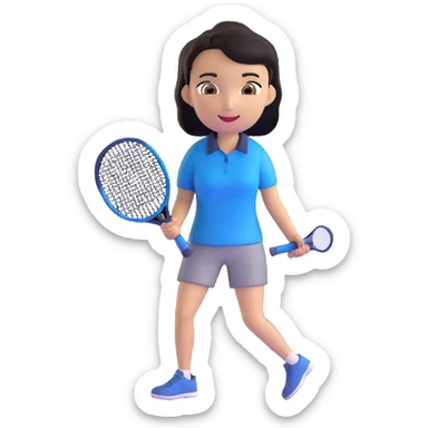 light brown skinned tennis coach, short straight black hair with widow's peak, oval face, small eyes, smiling, holding blue Yonex racket, wearing navy blue dry fit shirt sticker