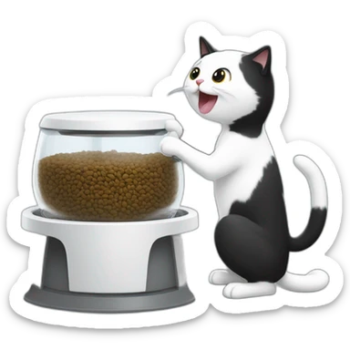 A black and white cat fighting with a pet feeder white machine sticker