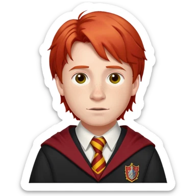 Ron Weasley with red hair, freckles, and Gryffindor school uniform sticker
