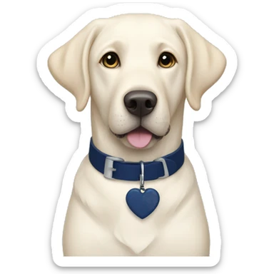 White Labrador wearing a navy blue collar with a navy blue heart tag sticker