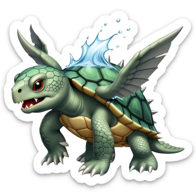 A fierce turtle with sharp spikes on its shell, dragon wings, sharp fangs, fierce claws, shooting a powerful water jet and steam from its mouth sticker