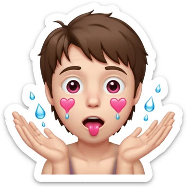 Pale Boy with shaggy brown hair, pink heart shaped eyes looking up , mouth open , water drop dripping from lips, hands on face  sticker