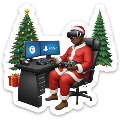 Informaticien homme noir full-body, week-end détente, assis à son bureau moderne avec ordinateur affichant du code. Il porte un casque VR et tient une manette PS 2025. À côté de lui, le Père Noël souriant, sapin illuminé et cadeaux autour. sticker