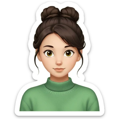 a girl with long dark brown hair with high disheveled bun in light green sweater, a slight smile, brown eyes sticker