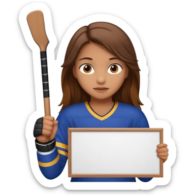 Girl sharks hockey fan with brown long hair holding a large blank sign sticker