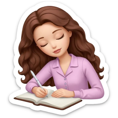 White Barbie girl dark Chestnut bob wavy hair sleeping with In pale creamy color clothes, he writes in a notebook sticker