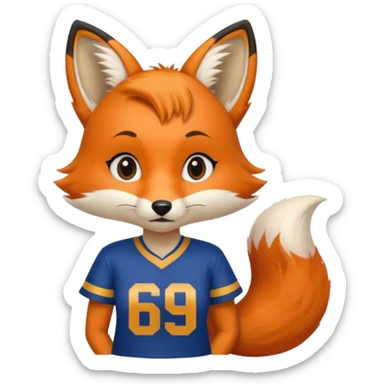 A cute girl fox with a bushy tail wearing a LA Rams shirt - with the number 69 on it sticker