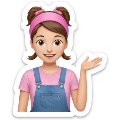 preschool teacher with brown hair pulled up in high ponytail and light pink thin width headband. Has a pink t-shirt with denim overalls. enthusiastic expression with big smile sticker