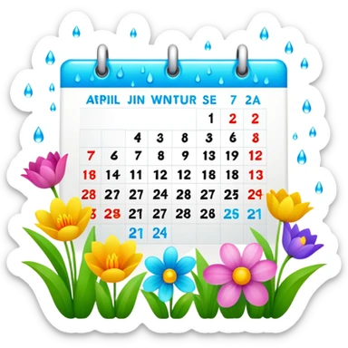April 2024 calendar with spring flowers and raindrops sticker