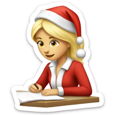 Blond girl wearing a Santa hat and doing homework sticker