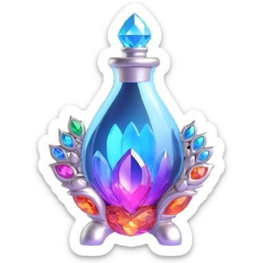 luxurious crystal elixir bottle in monster paw shape, vibrant color, ornate silver and iridescent details, magical glowing and sparkling effects, very small neck, seamless bottom, bottle clearly floating in air, no base or shadow, modern, collection style sticker
