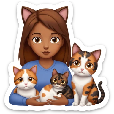 Girl brown hair with two cats one calico and one turtleshend, brown Colors and cute  sticker