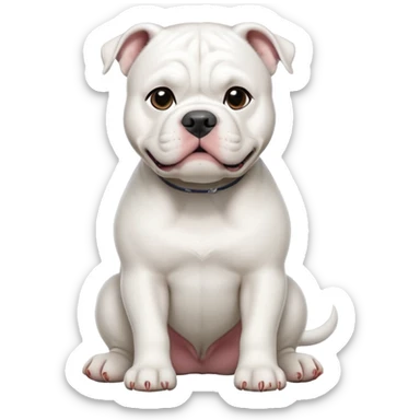 cinematic-[solid white american bulldog]-realistic-full-body-sitting-emoji,-tail-resting-loosely-beside-its-paws,-head-tilted-dramatically,-sleek-[solid white]-fur,-simplified-yet-realistic-focused-features,-highly-detailed,-glowing-with-an-almost-sarcastic-glow sticker