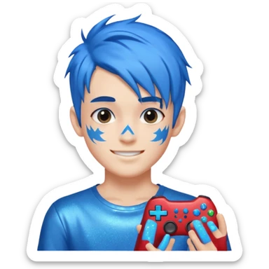 glitter blue gamer boy happy blue hair sticker