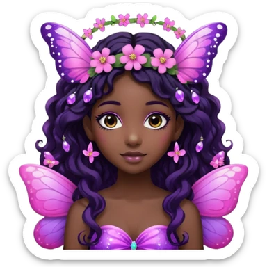 Black girl fairy with long wavy black hair, pink and purple red butterfly wings sparkly sticker