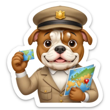 english bulldog as a cheerful tour guide, wearing a hat and holding a map sticker