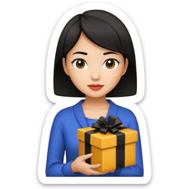 asian woman short hair tanned, holding with black present - emoji style sticker