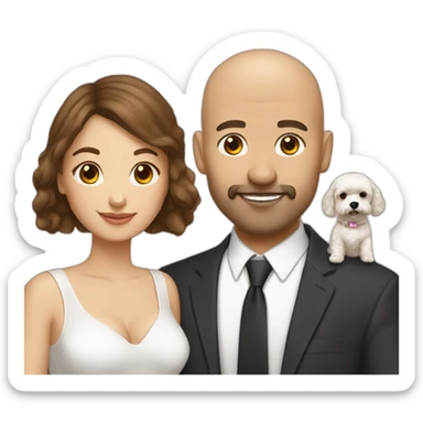 a bald man and brown straight haired woman with white maltipoo sticker