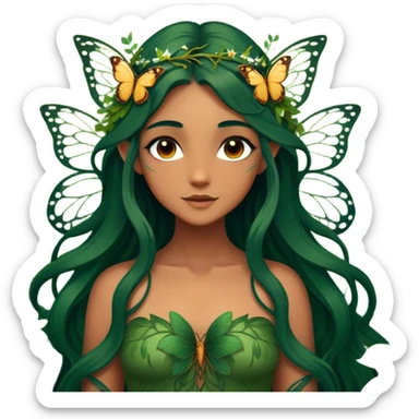 Cinematic Realistic Forest Fairy Portrait, depicted with lifelike, sun-kissed tanned skin that radiates an earthy glow, softly illuminated by natural, dappled light. Her long, flowing dark green hair is intricately detailed and interwoven with delicate vines and wildflowers, while her deep, soulful eyes mirror the wisdom of the forest. Dressed in an attire inspired by nature’s palette—with subtle botanical motifs—the portrait exudes a soft, enchanted glow that melds realism with woodland magic showing her large butterfly wings from her back. sticker